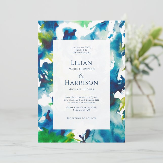Green Love Abstract Watercolor Wedding Invitation (Standing Front)