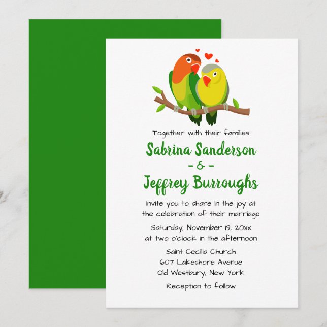 Green Lovebirds Faire-part de mariage - Inséparabl (Devant / Derrière)