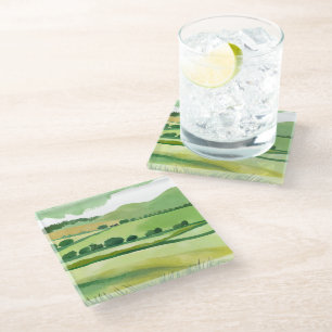 Green Lucious Hillside Nature Watercolor Glass Coaster