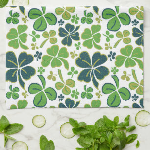 Green Lucky 4 Leaves Shamrocks Clover Pattern Kitchen Towel