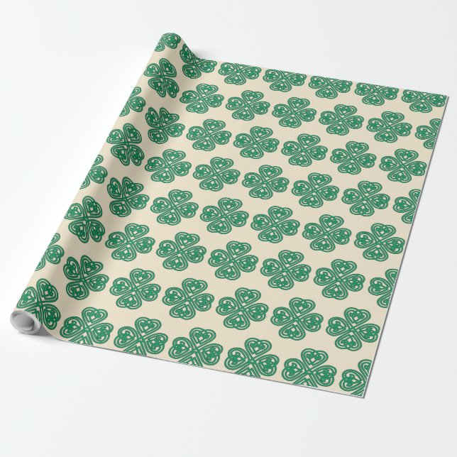 Green Lucky Clover Shamrock Celtic Knot Wrapping Paper (Unrolled)