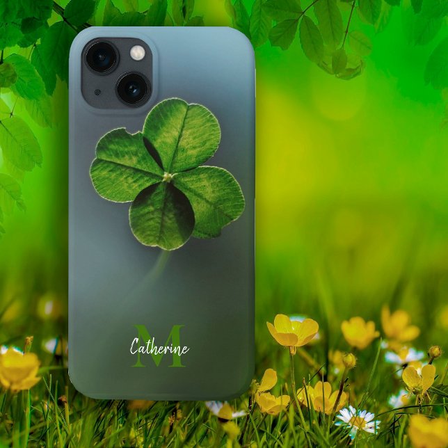 Green Lucky Clover Shamrock Name and Monogram Case-Mate iPhone Case (Creator Uploaded)
