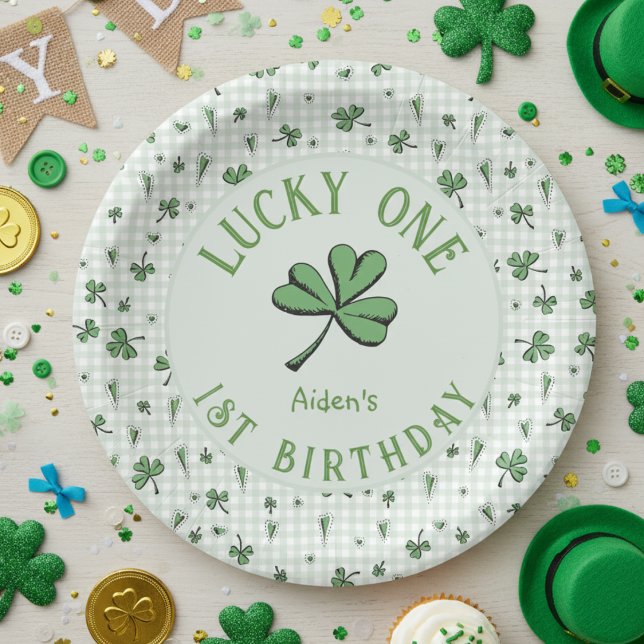 Green Lucky One Irish 1st Birthday Paper Plate (Lucky One Green Shamrock Four Leaf Clover 1st Birthday Paper Plates. Irish St Patrick's Day Party)