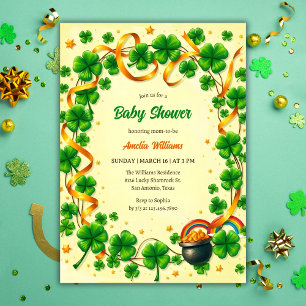 Green Lucky Shamrock St Patricks Day Baby Shower Invitation