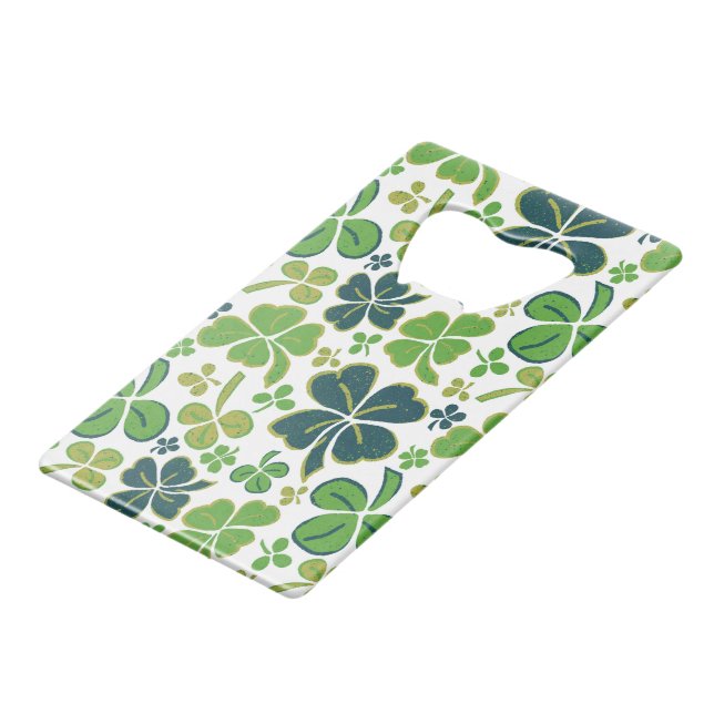 Green Lucky Shamrocks Clover St. Patrick`s Day  Credit Card Bottle Opener (Front Angled)