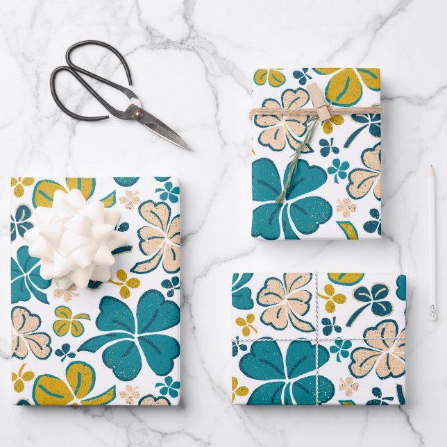 Green Lucky Shamrocks Clover St. Patrick`s Day Wra Wrapping Paper Sheet (Front)