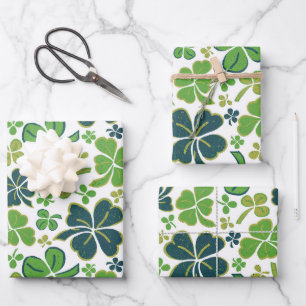 Green Lucky Shamrocks Clover St. Patrick`s Day Wrapping Paper Sheet