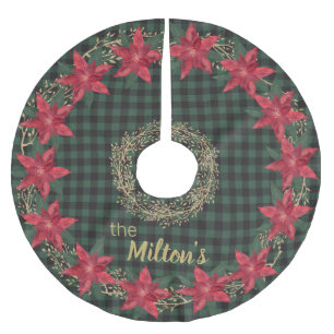 Green Lumberjack Plaid And Poinsettias Monogrammed Brushed Polyester Tree Skirt