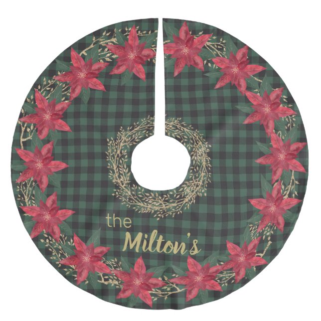 Green Lumberjack Plaid And Poinsettias Monogrammed Brushed Polyester Tree Skirt (Front)