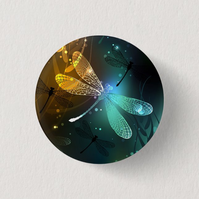 Green luminous dragonfly flight 1 inch round button (Front)
