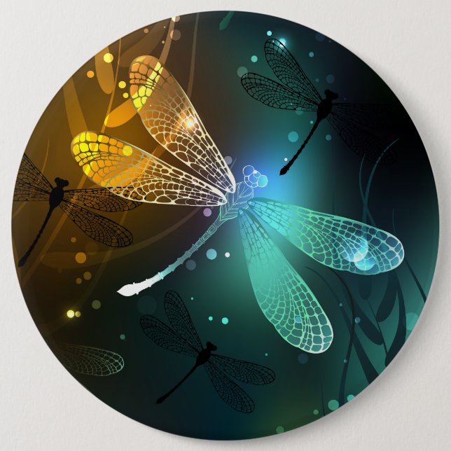 Green luminous dragonfly flight 6 inch round button (Front)