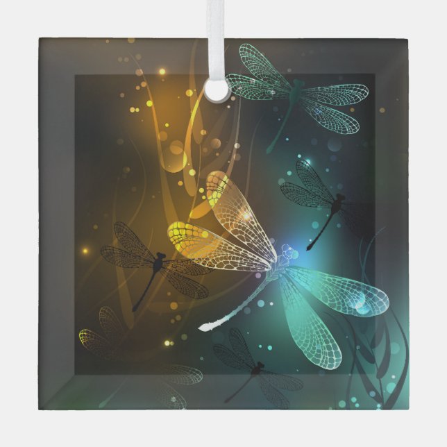 Green luminous dragonfly flight glass ornament (Front)