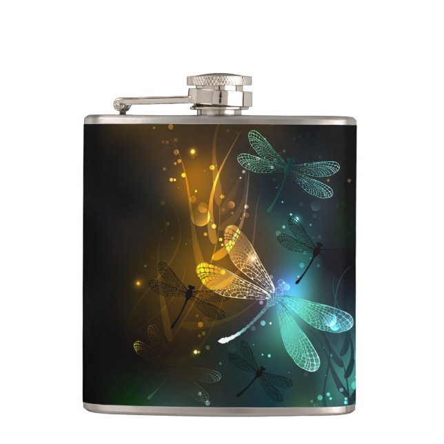 Green luminous dragonfly flight hip flask (Front)