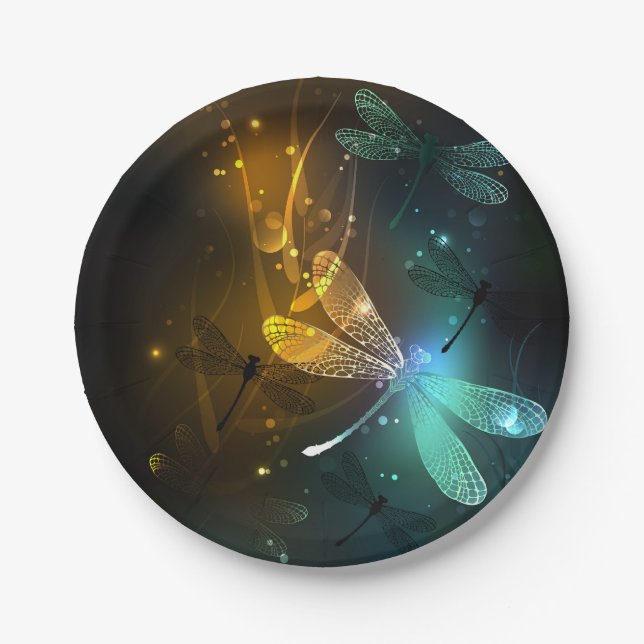 Green luminous dragonfly flight paper plate (Front)