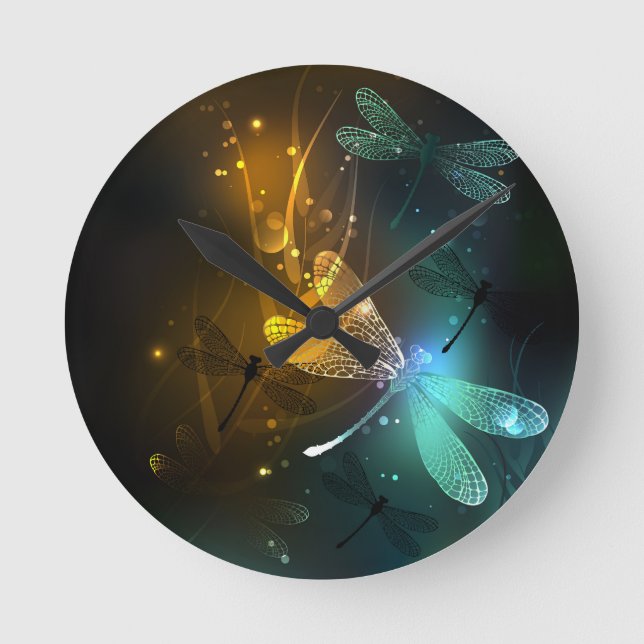 Green luminous dragonfly flight round clock (Front)