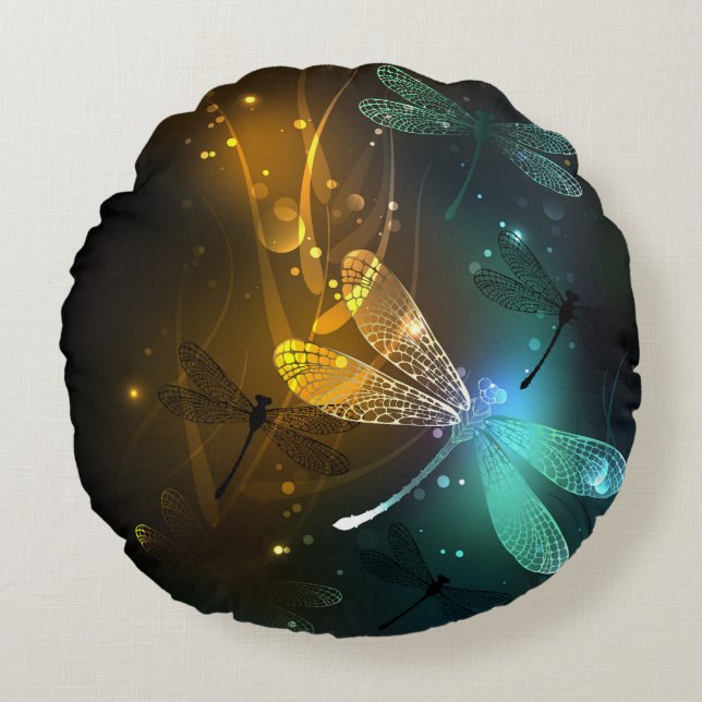Green luminous dragonfly flight round pillow (Front)