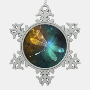 Green luminous dragonfly flight snowflake pewter christmas ornament