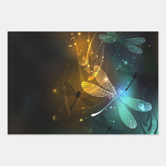 Green luminous dragonfly flight wrapping paper sheet (Front)