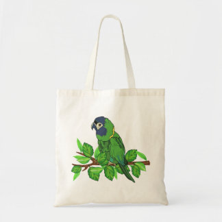 Green macaw parrot on branch leaves nature bird tote bag