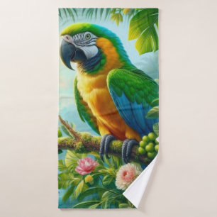 Green macaw tropical floral bath towel