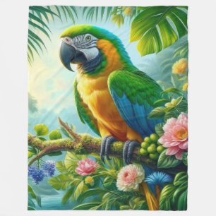 Green macaw tropical floral fleece blanket