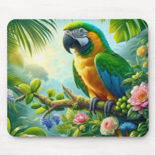 Green macaw tropical floral mouse pad