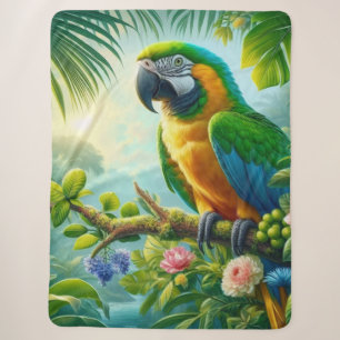 Green macaw tropical floral sherpa blanket