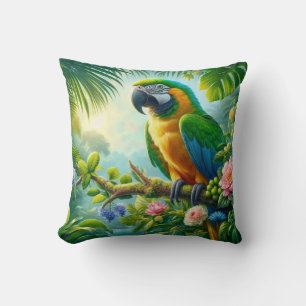 Green macaw tropical floral throw pillow