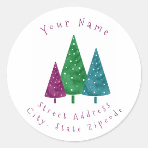 'Green, Magenta,Teal Watercolor Trees' Labels