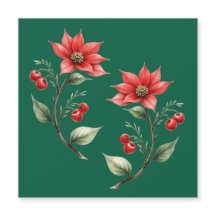 Green Magnetic Christmas Card with Red Flowers