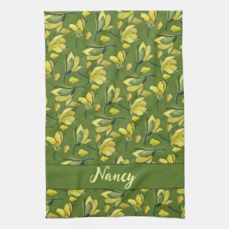 Green Magnolia Floral Personalized  Kitchen Towel