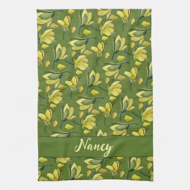 Green Magnolia Floral Personalized  Kitchen Towel (Vertical)