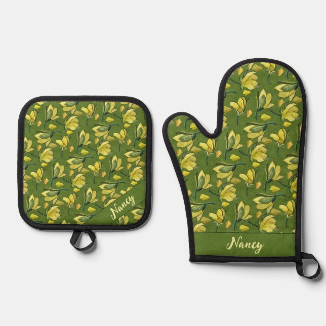Green Magnolia Floral Personalized  Oven Mitt & Pot Holder Set (Front)