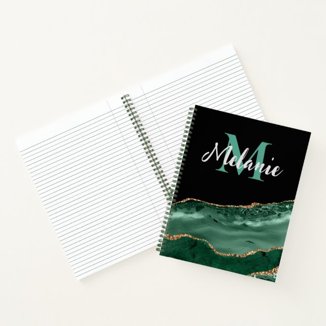 Green Malachite and Gold Glitter Monogrammed  Notebook (Inside)