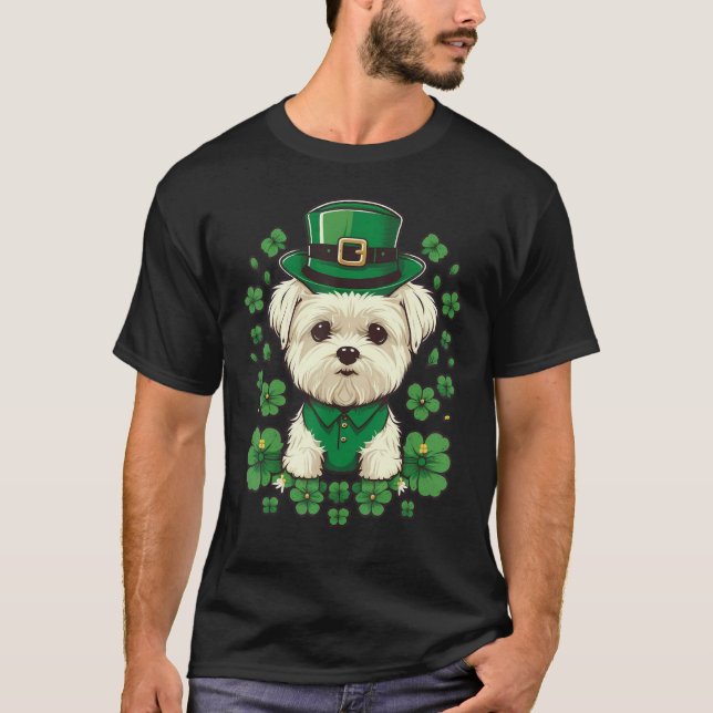 Green Maltese dog shamrock on St Patricks Day Malt T-Shirt (Front)