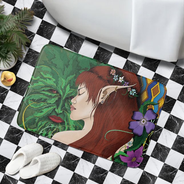 Green Man Elf Fantasy Floral Bath Mat (Creator Uploaded)