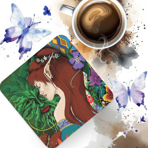 Green Man Elf Fantasy Floral Coaster