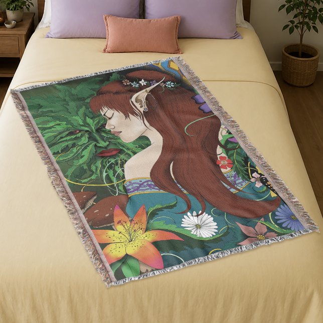 Green Man Elf Fantasy Floral Illustration Throw Blanket (Creator Uploaded)