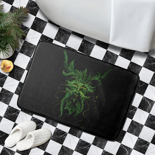 Green Man Fae Leaves Black Bath Mat (Creator Uploaded)