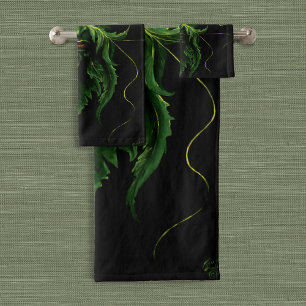 Green Man Fae Leaves Black Bath Towel Set