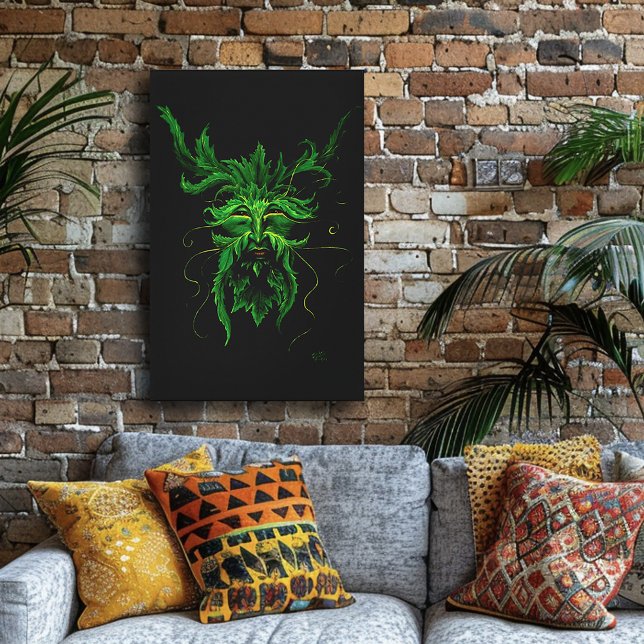 Green Man Fae Leaves Black Canvas Print (Creator Uploaded)