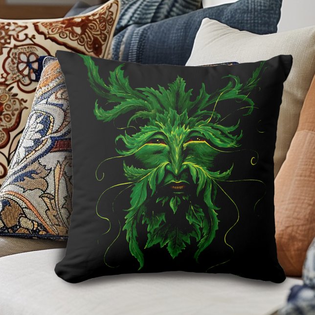 Green Man Fae Leaves Black Throw Pillow (Creator Uploaded)