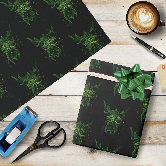 Green Man Fae Leaves Black Wrapping Paper (Creator Uploaded)