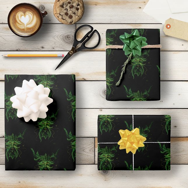 Green Man Fae Leaves Black Wrapping Paper Sheet (Creator Uploaded)