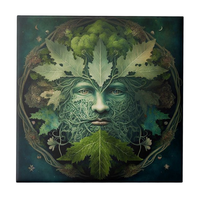 Green Man Mandala Fantasy Art Tile (Front)