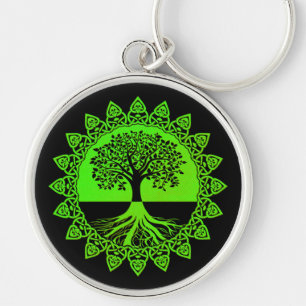 Green Mandala Celtic Tree of Life on Black Keychain