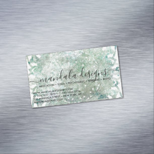 Green Mandala Floral Script Magnetic Business Card