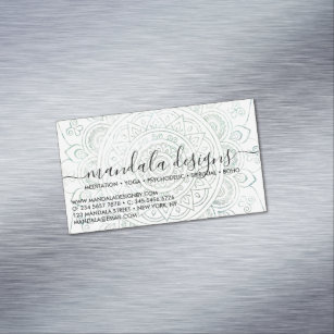 Green Mandala Floral Script Magnetic Business Card
