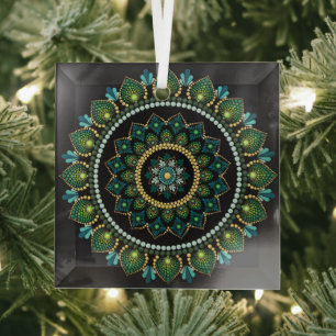 Green Mandala   Handpainted   Sacred Geometry Glass Ornament