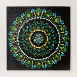 Green Mandala   Handpainted   Sacred Geometry Jigsaw Puzzle